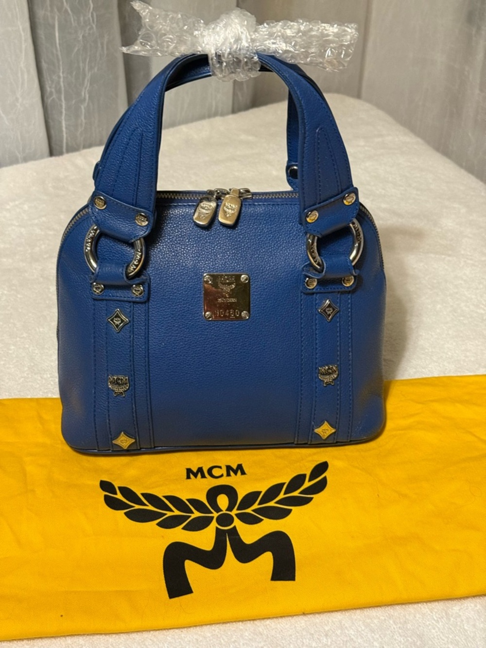 MCM Mini Cobalt Blue Leather Top-Handle Satchel with Silver Hardware